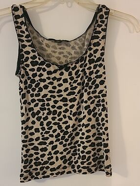 Y2K BCBG Black Brown Leopard Print Tank Top on Cream Bow Detail Mid Neckline